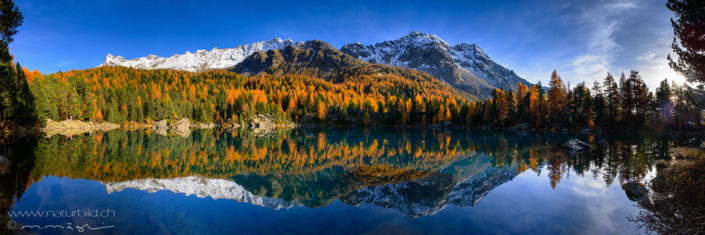 Panorama Val Camp Seespiegelung Herbstwald